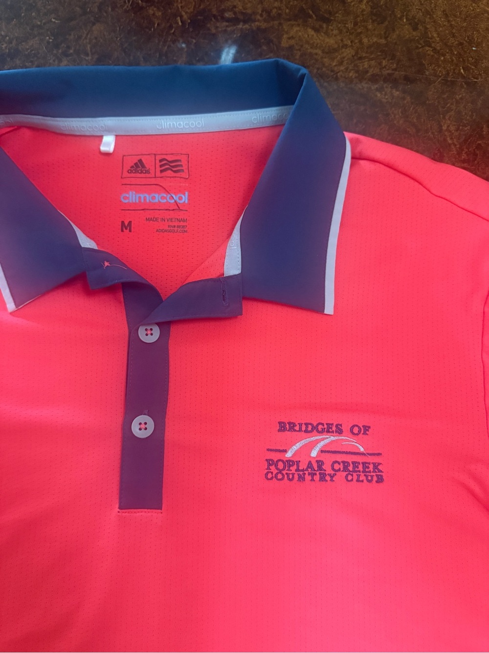 adidas Pink Polo with Navy Trim and Embroidered Poplar Creek Logo
